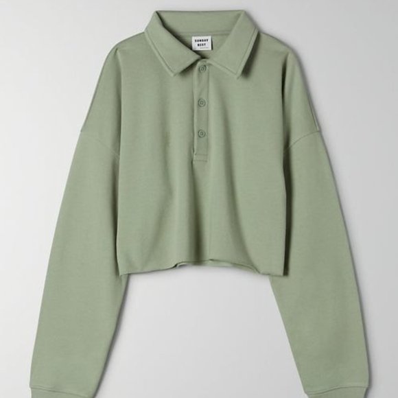 Aritzia Sunday Best Cropped Raw Hem Fleece Polo in Seagrass Green - Picture 4 of 4